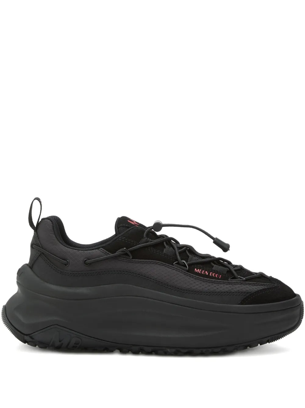 Black lace-up platform sneakers with chunky sole and molded sidewall