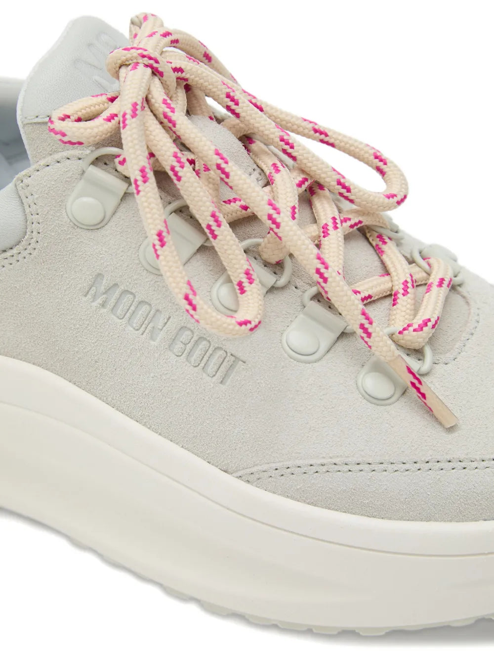 Light gray suede sneaker with pink-and-white patterned laces and MOON BOOT detail