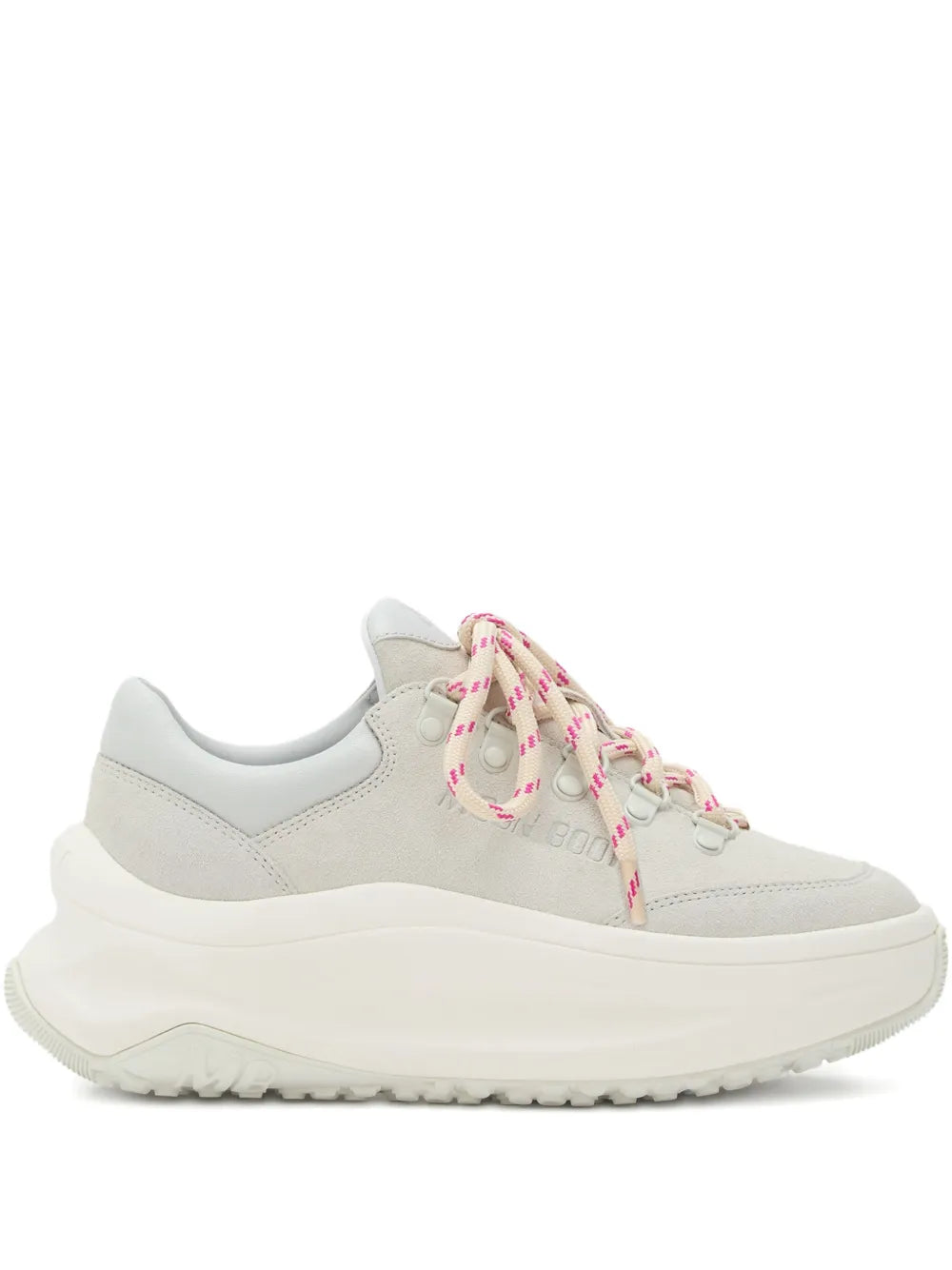 Moon Boot Moon247 lace-up sneakers, light gray suede with pink patterned laces