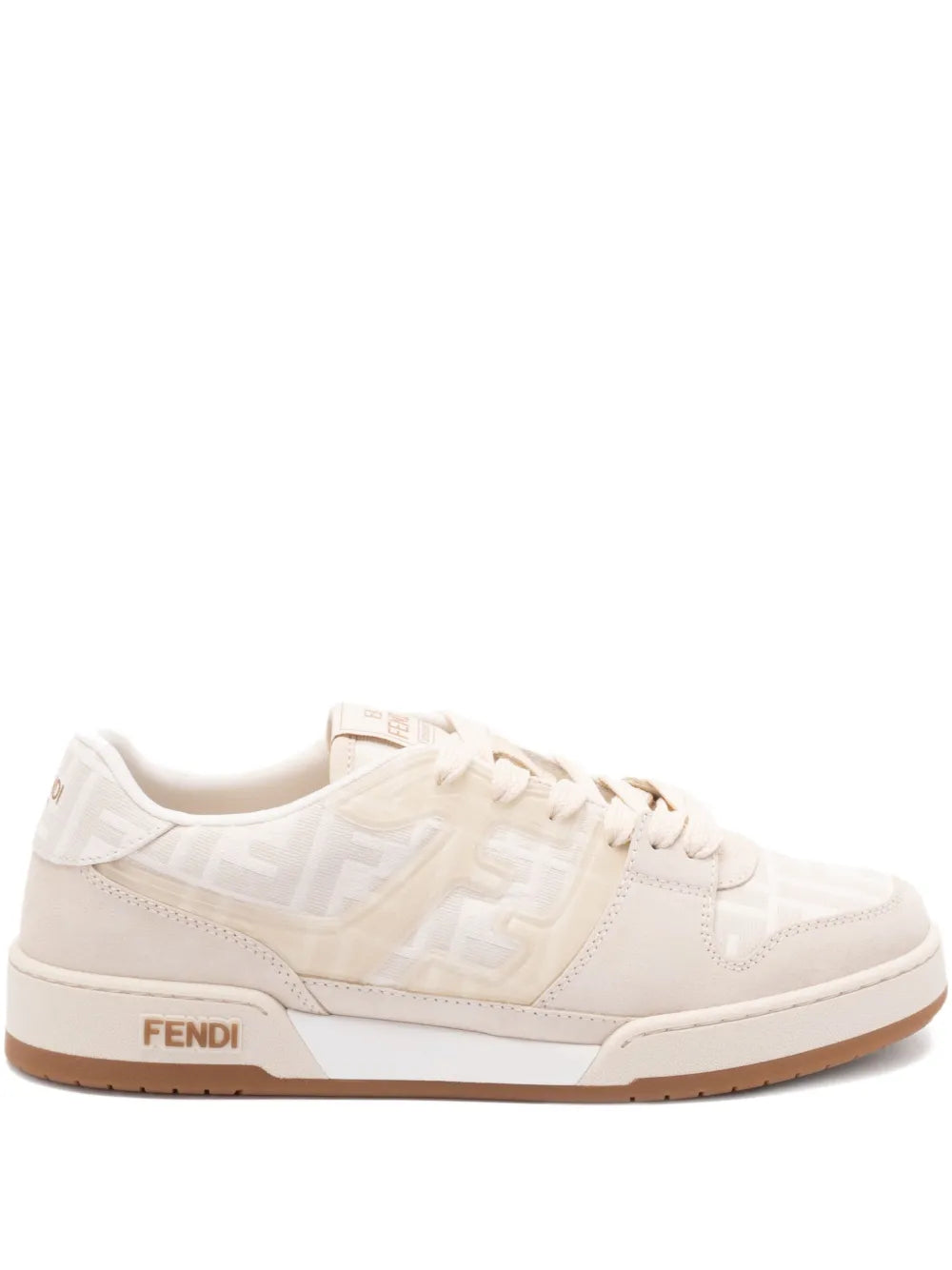 Beige suede sneakers with lace-up front and Fendi logo at side