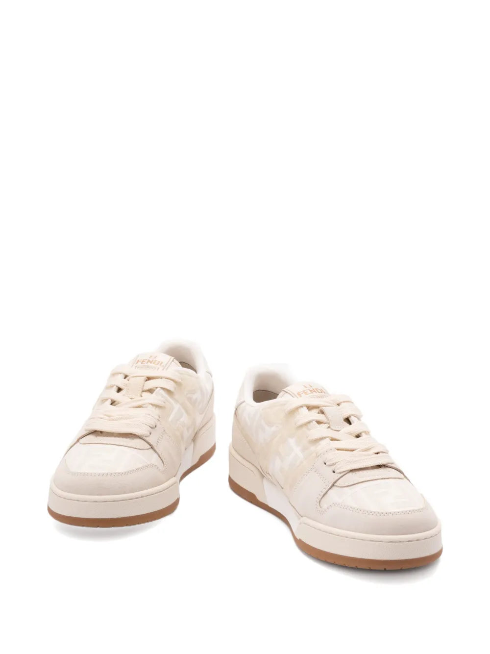 Beige suede lace-up sneakers, side view pair with gum rubber sole