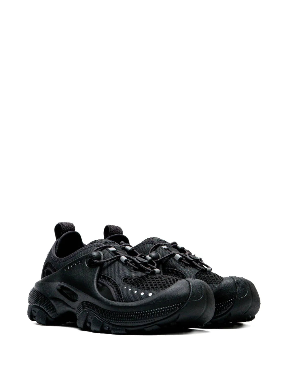 Crocs Trail Break 2 black lace-up sneakers, side view, textured grip outsole