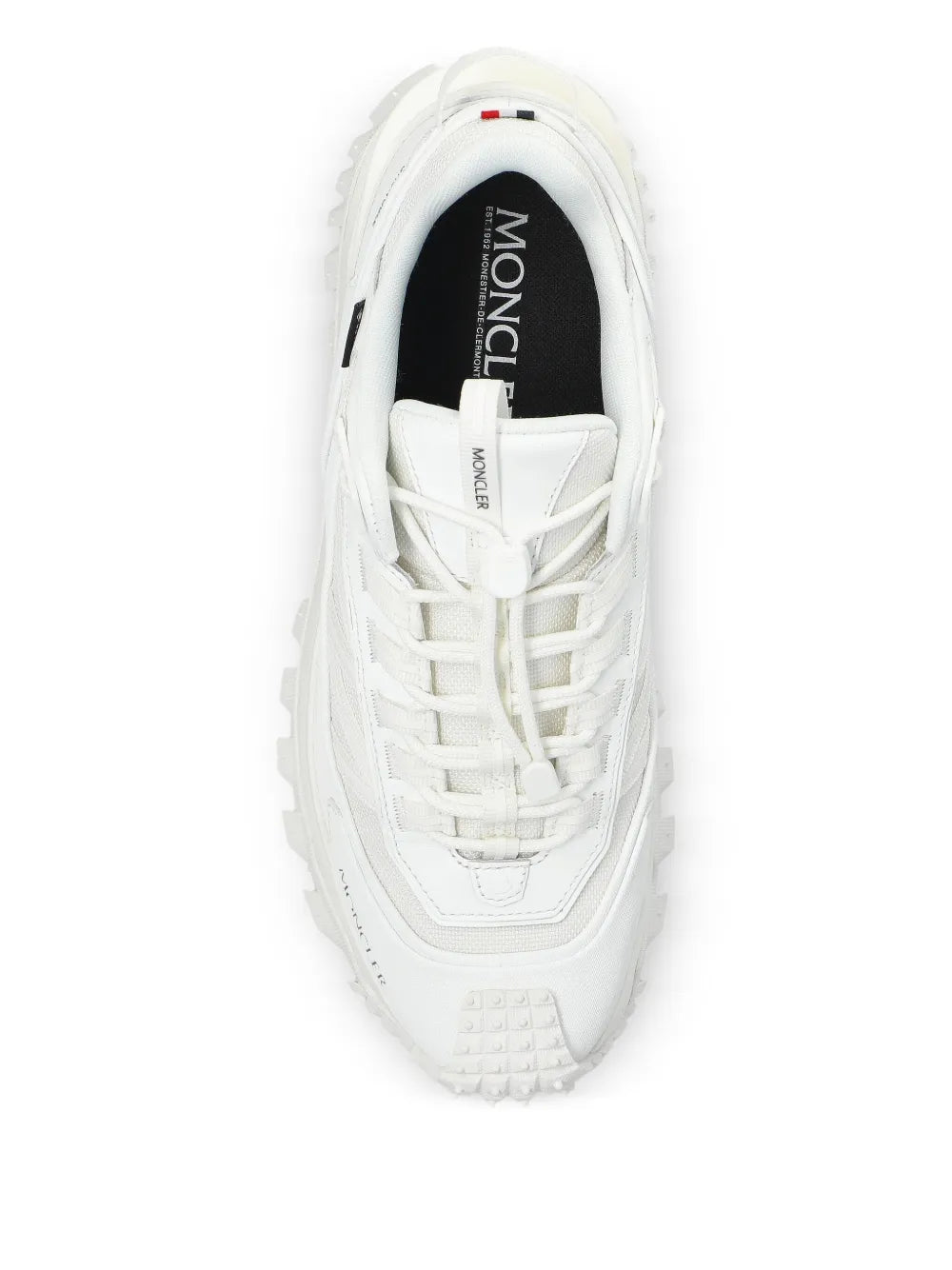 Moncler white Trailgrip GTX sneaker upper with laces and interior Moncler label