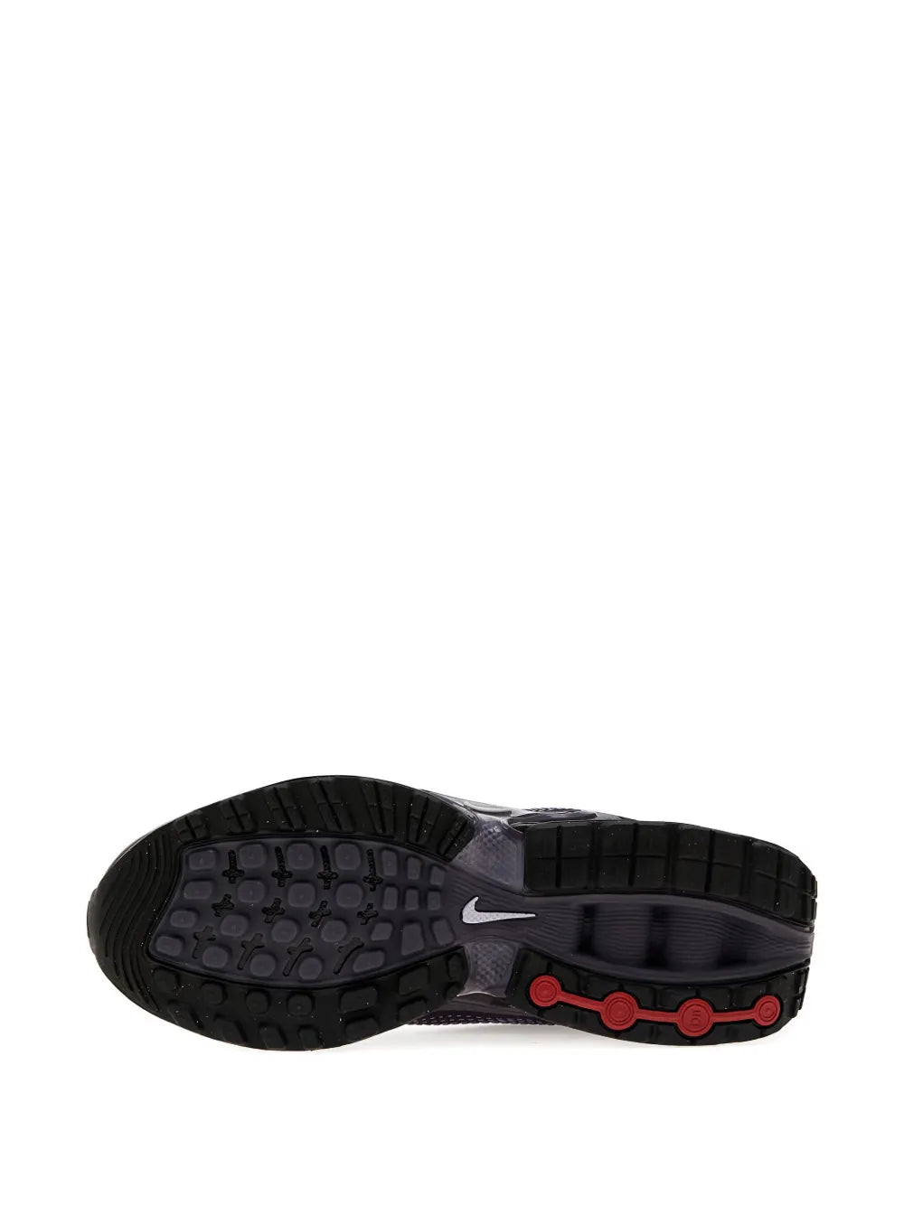 Air-cushioned outsole with black tread and red circular pods