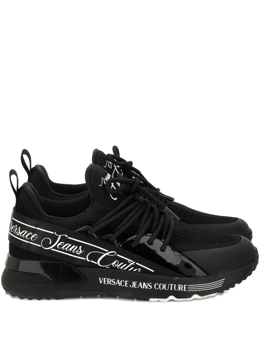 Black lace-up logo sneakers with chunky sole and Versace Jeans Couture script
