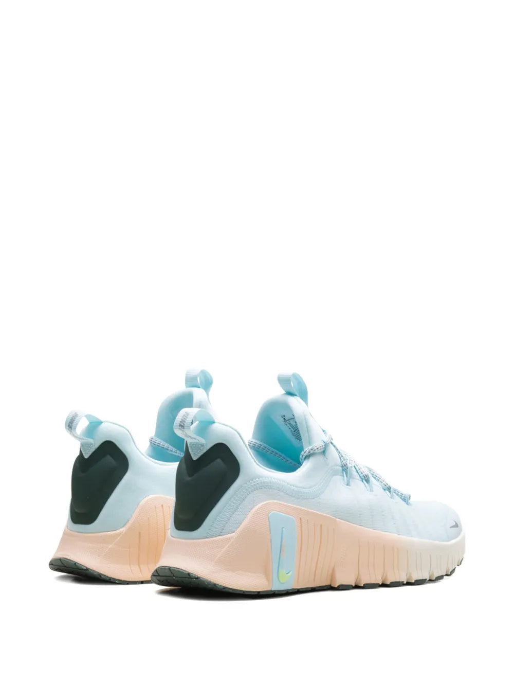 Pair of light blue training sneakers with black heel panels and tan midsole