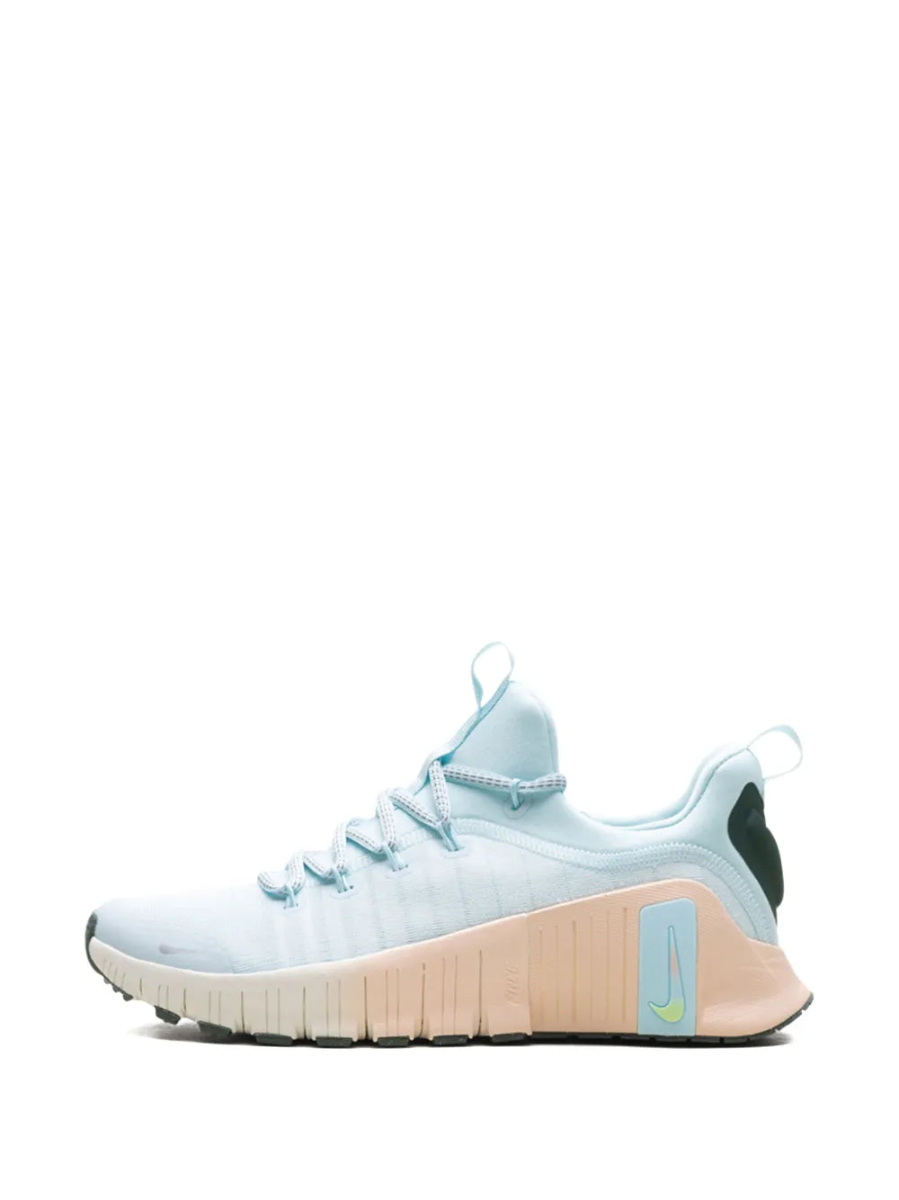 Light blue training sneaker with teal laces and peach-toned midsole
