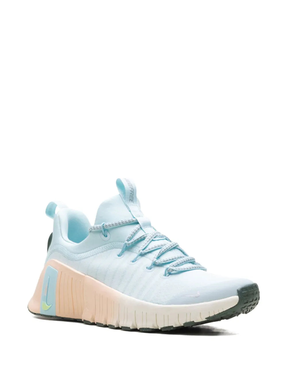 Light blue training sneaker with teal laces and tan midsole