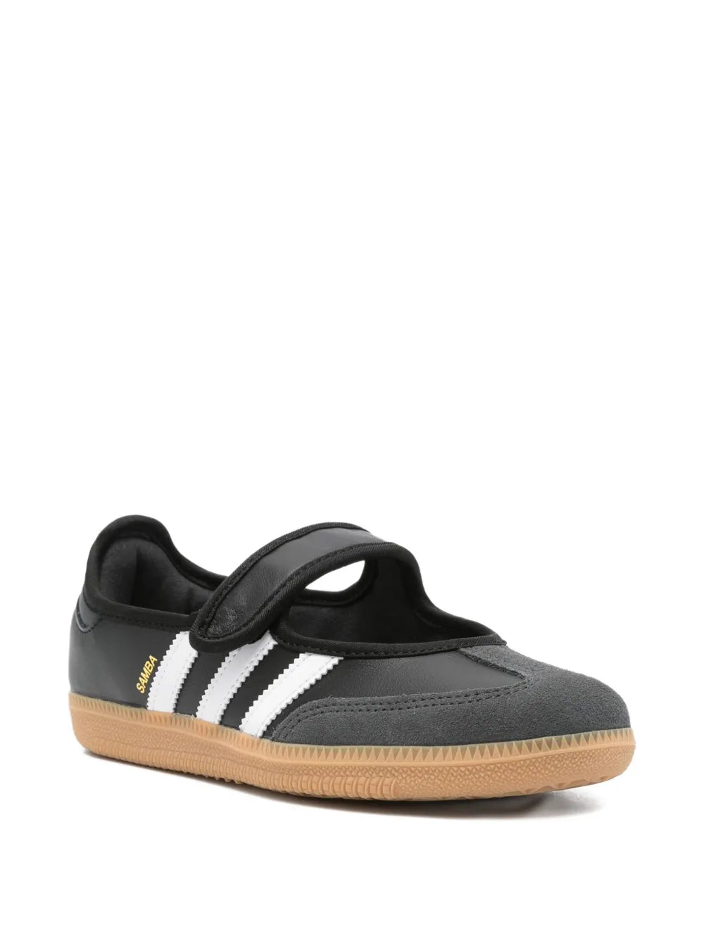 Adidas Samba strap slip-on sneakers, dark gray with white stripes and padded collar