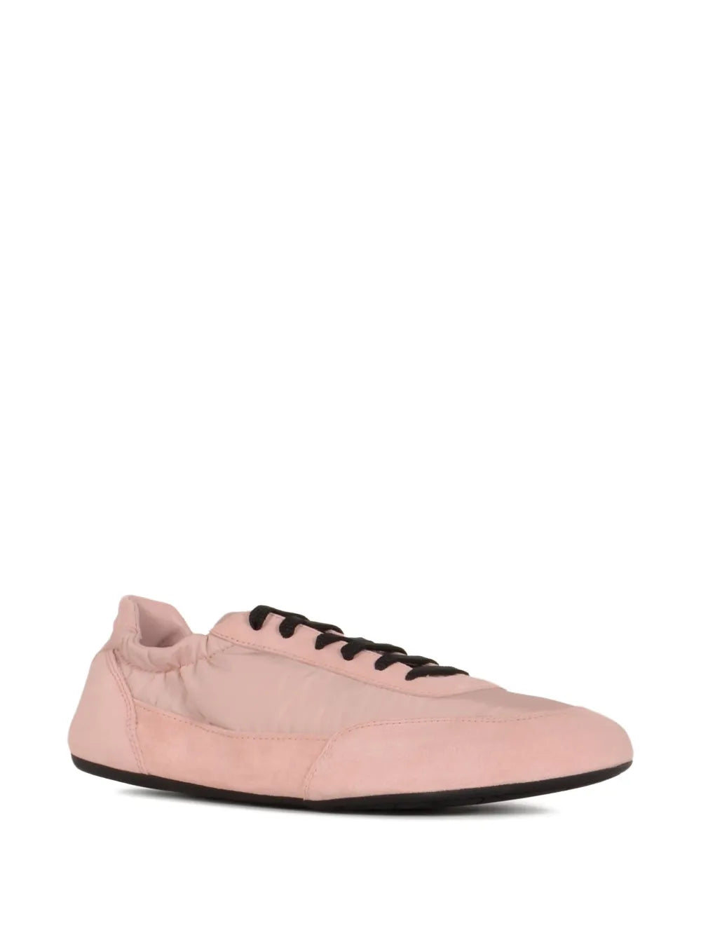 Prada pink suede lace-up sneaker with black laces and rounded toe