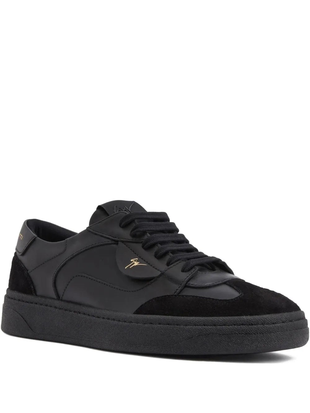 Black panelled low-top lace-up sneakers with gold logo accents
