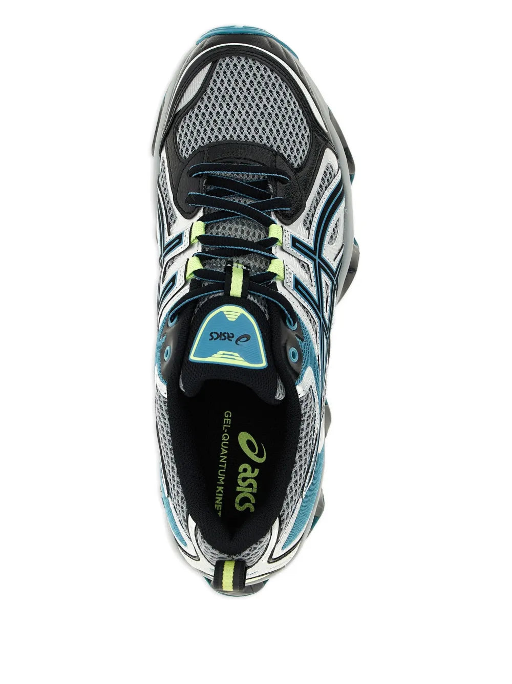 ASICS low-top sneakers, heel-to-toe view; grey/teal mesh with black tongue and green accent.