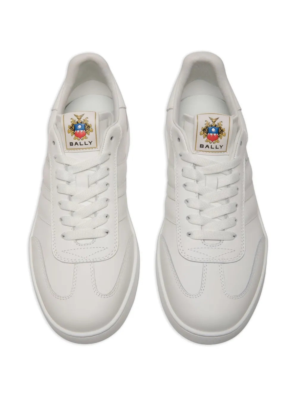 White Bally low-top sneakers with crest patch on tongue and lace-up front