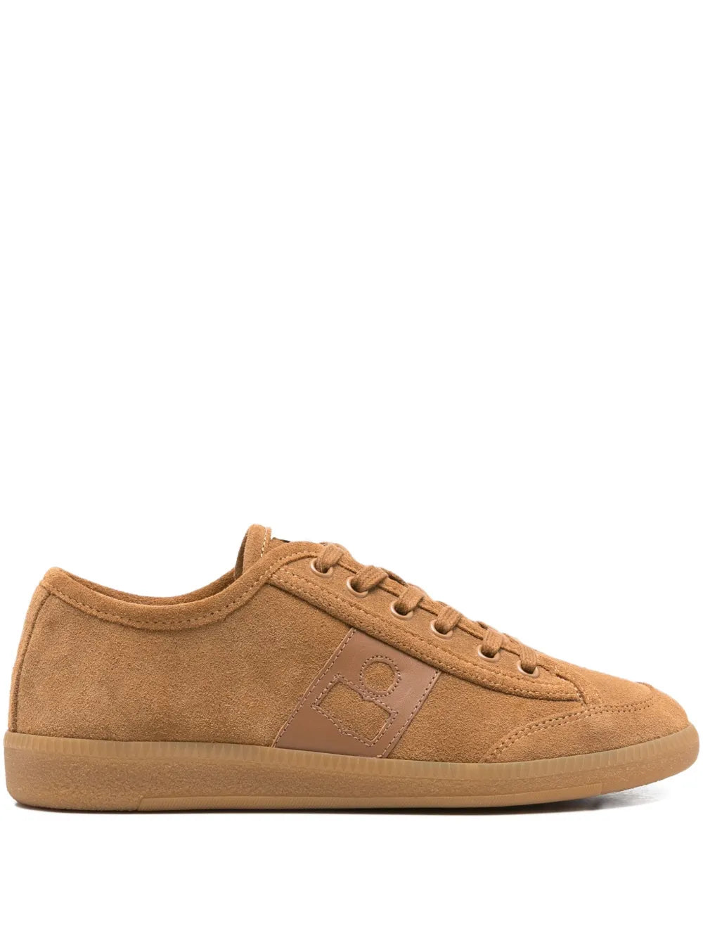 Brown suede lace-up sneaker with stitched panel and gum sole
