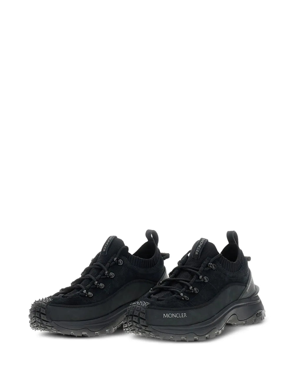 Pair of Moncler black low-top sneakers with lace-up front and textured side