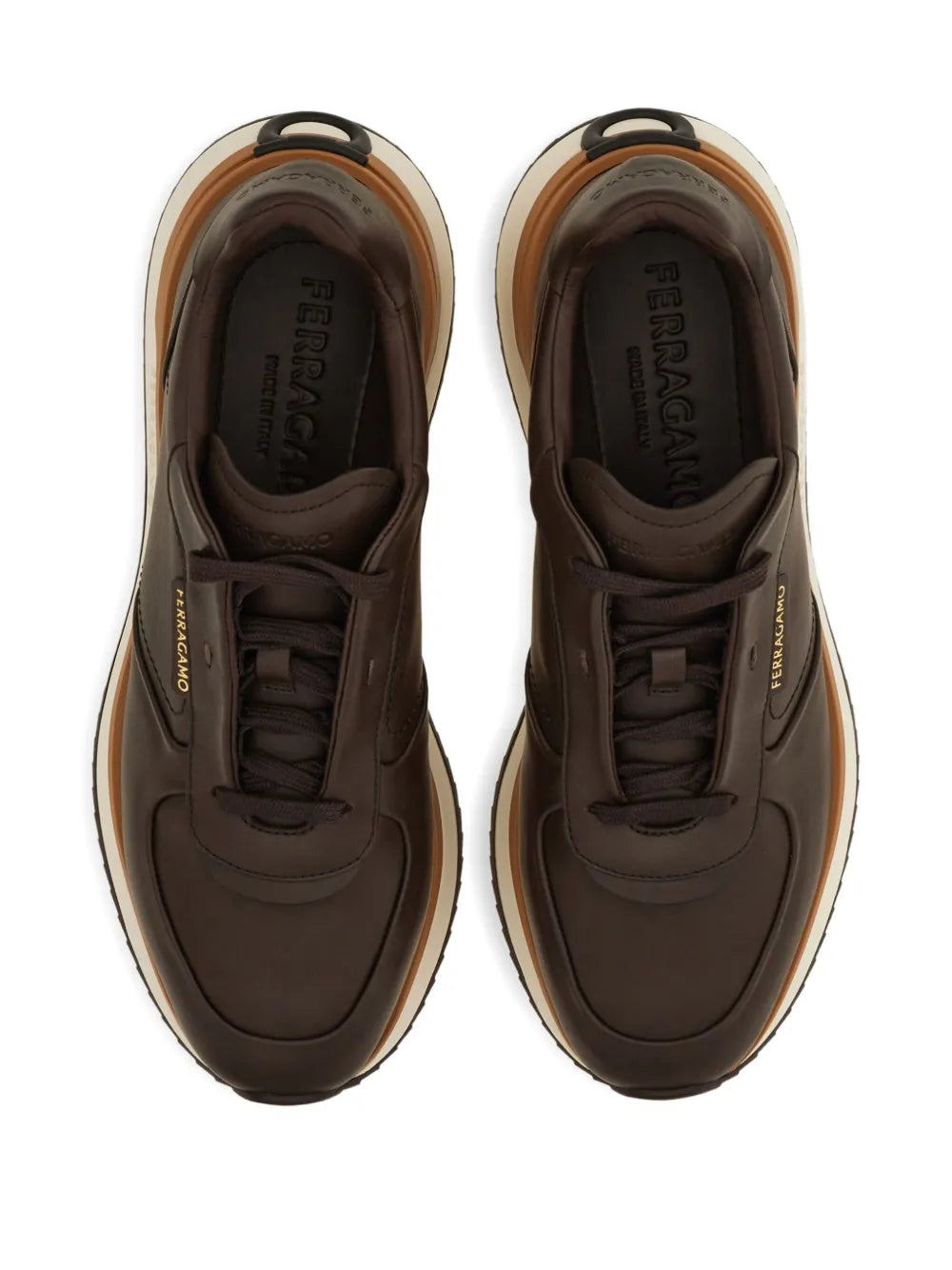 Ferragamo dark brown lace-up leather sneakers with branded tongue detail
