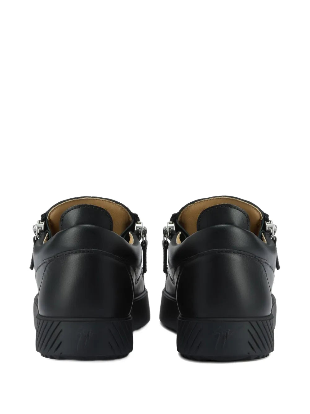 Giuseppe Zanotti black leather sneakers back view with zipper tabs and rubber sole