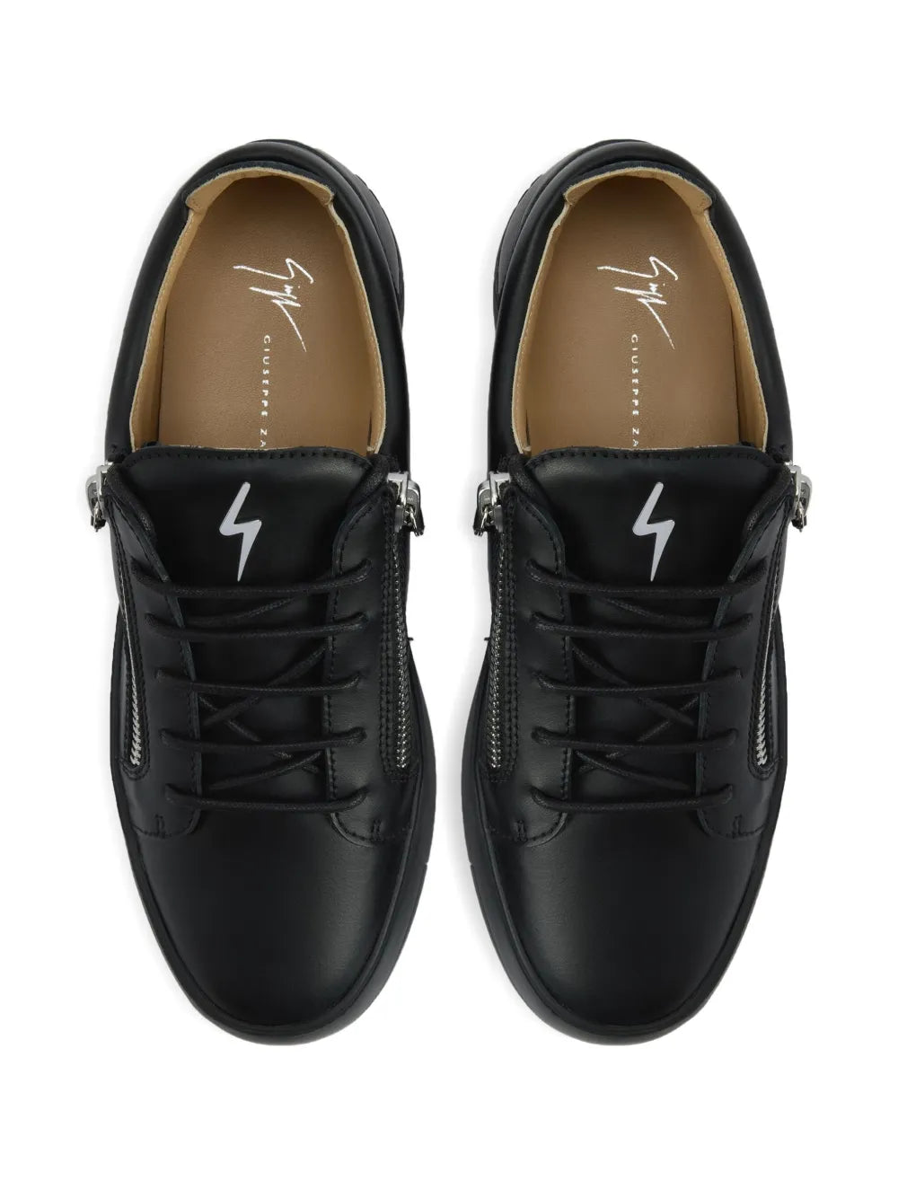 Giuseppe Zanotti black leather lace-up sneakers with zipper pulls and printed insole