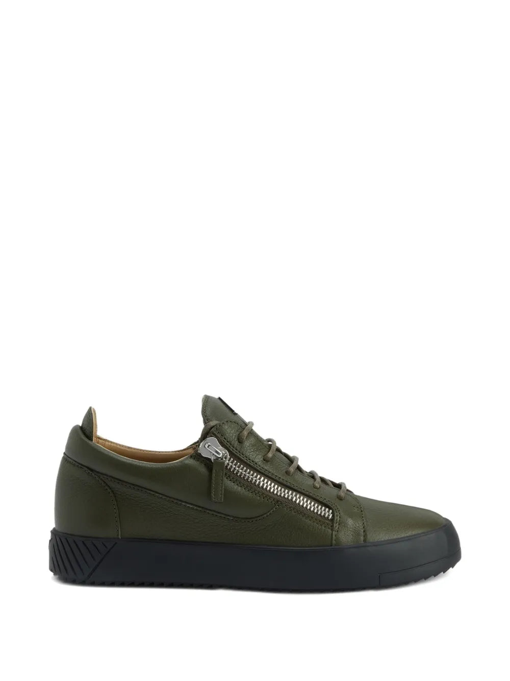 Giuseppe Zanotti Frankie olive leather sneakers, front three-quarter view with side zip