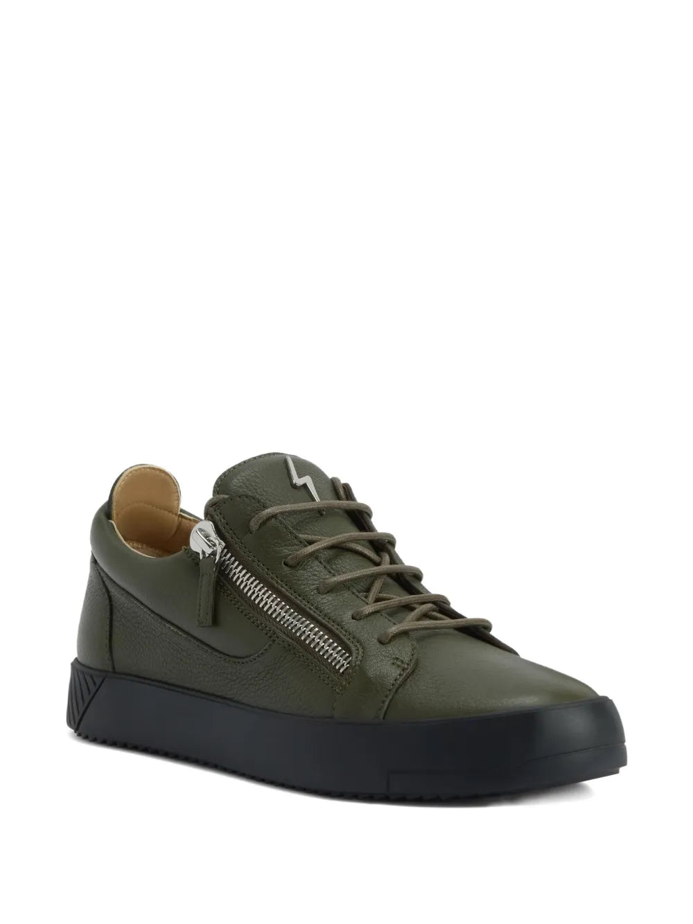 Giuseppe Zanotti Frankie olive leather sneakers, side view with side zip detail