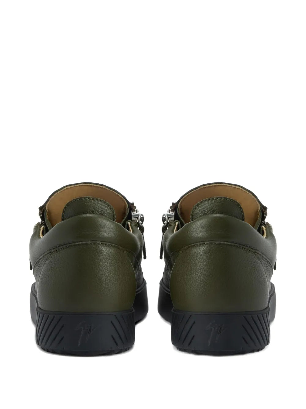Giuseppe Zanotti Frankie olive leather sneakers, rear view with two zip pulls