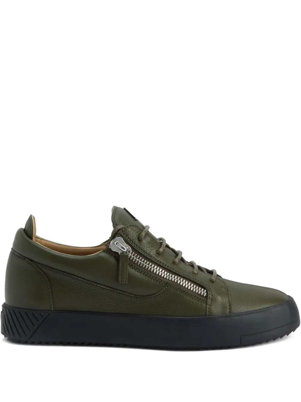 Giuseppe Zanotti Frankie olive leather sneakers with side zip detail and laces