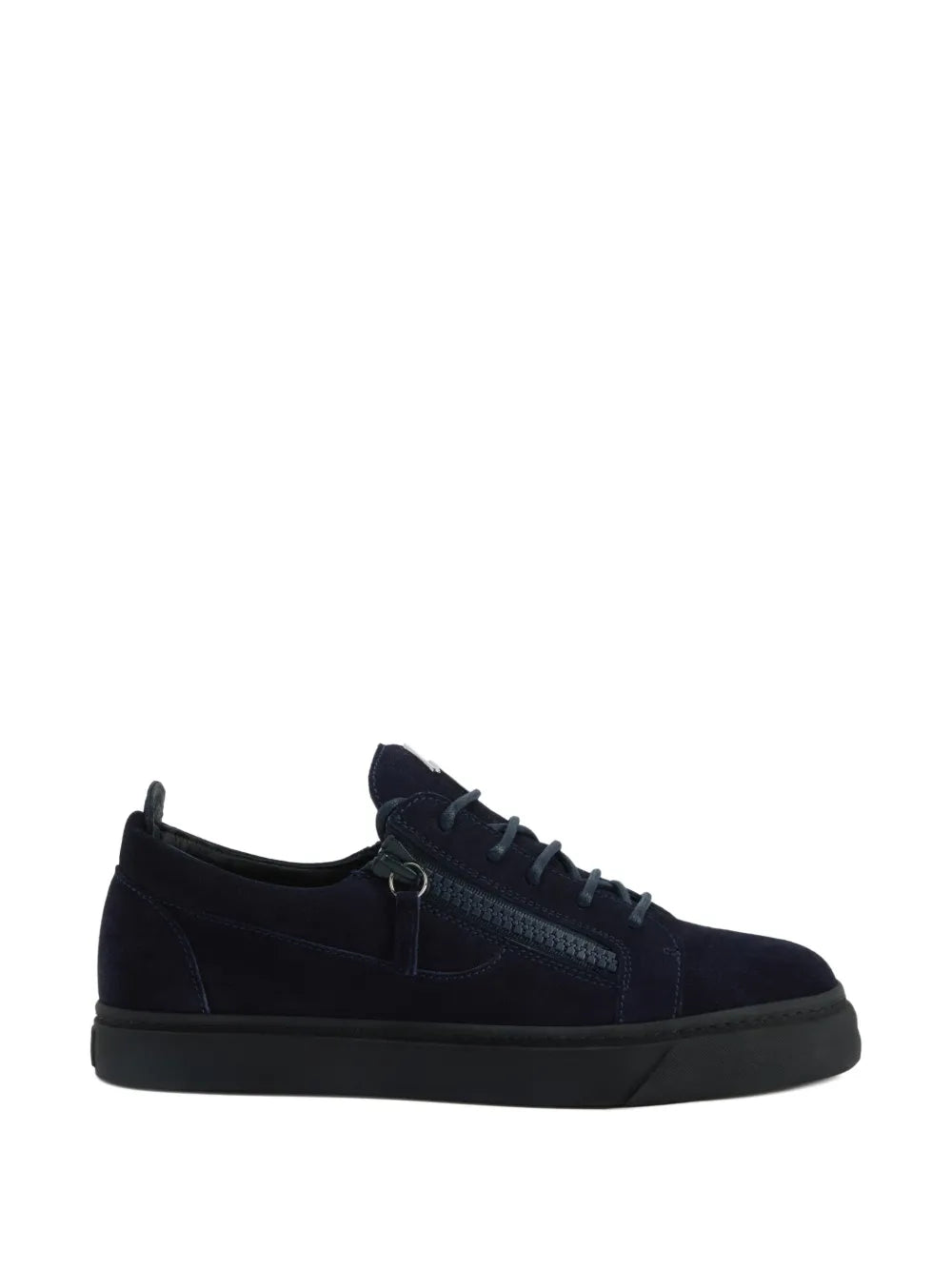 Navy zip-lace sneakers, single side view with lace-up front and zipper pull