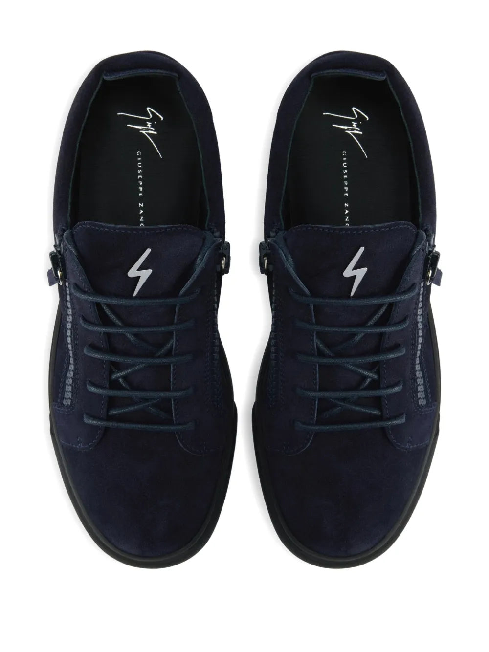 Navy zip-lace sneakers pair view with laces and lightning bolt logo on the sides