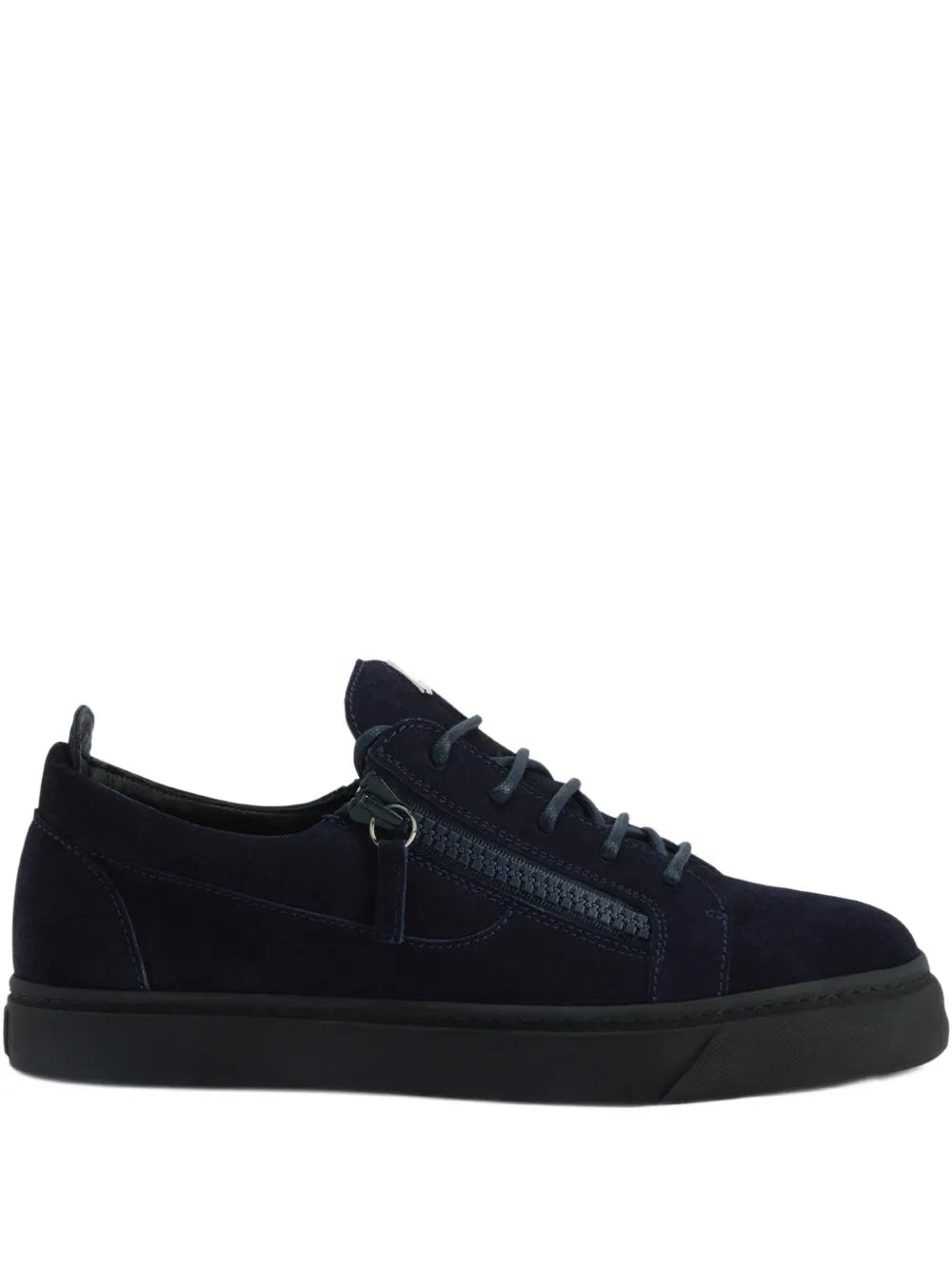 Navy zip-lace sneakers with suede panels, lace-up front, and rubber sole