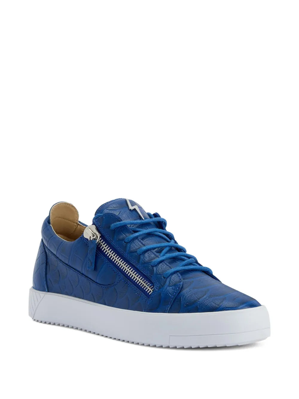 Blue crocodile-effect zip sneaker with lace-up, side view and white rubber sole