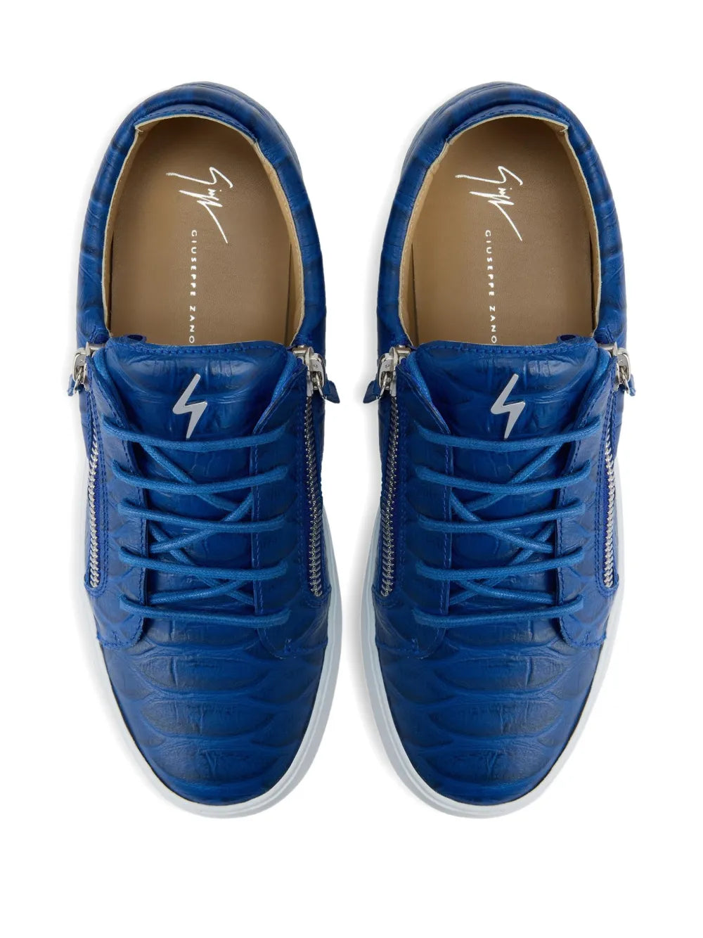 Blue crocodile-effect zip sneaker pair, lace-up front with white rubber sole