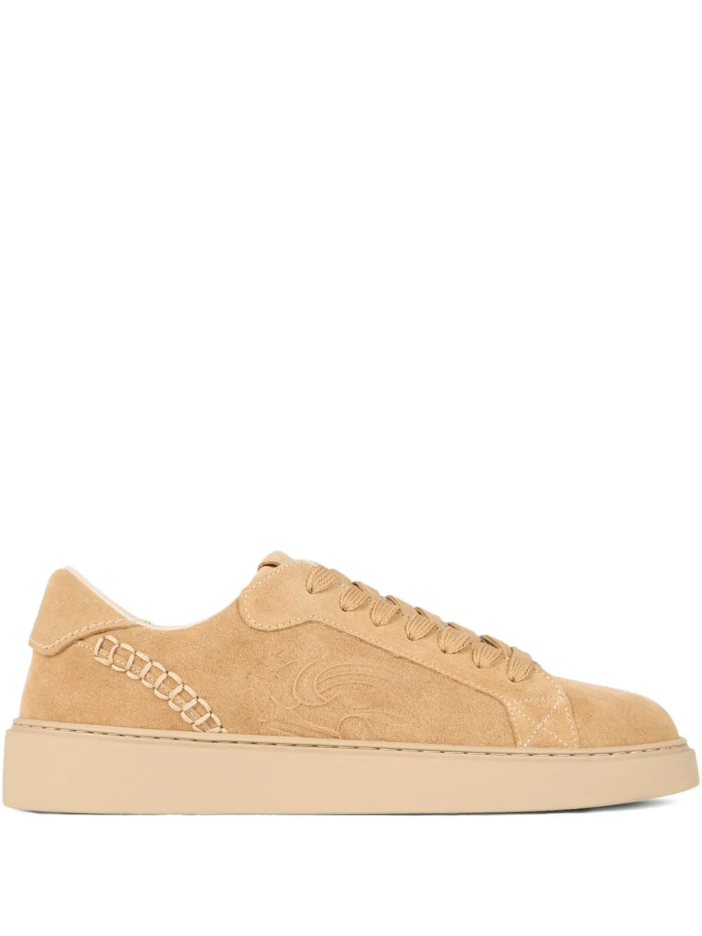 Etro light brown suede embroidered sneaker, side view with lace-up front