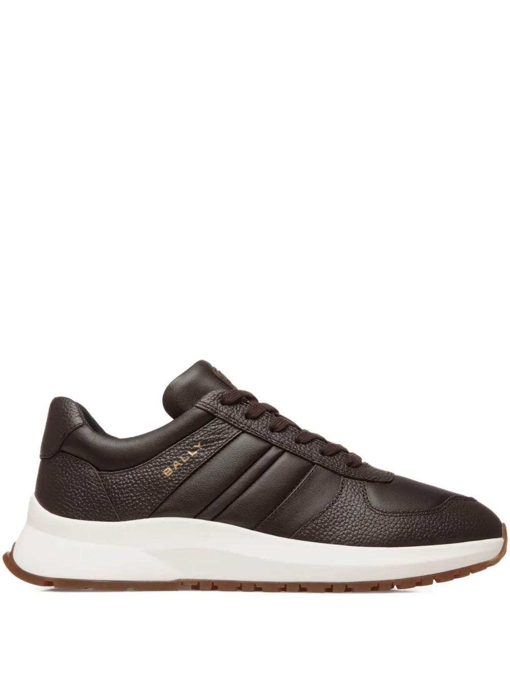 Brown Bally outline sneakers with dark laces, white sole, and gum trim.