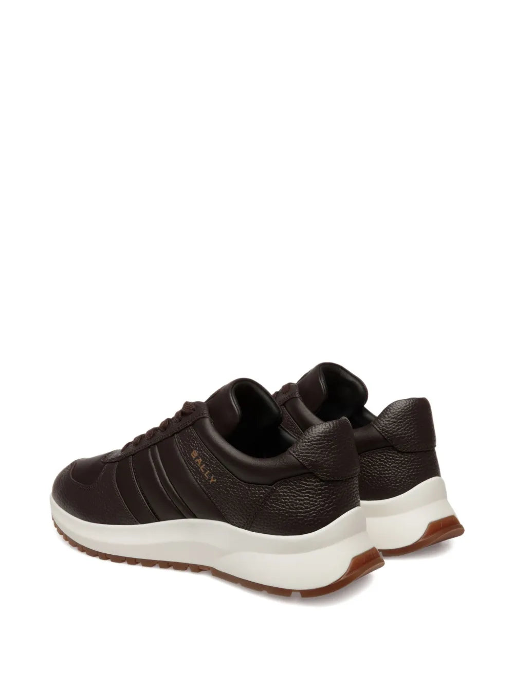 Brown low-top sneakers with white sole, padded heel, and gum outsole.