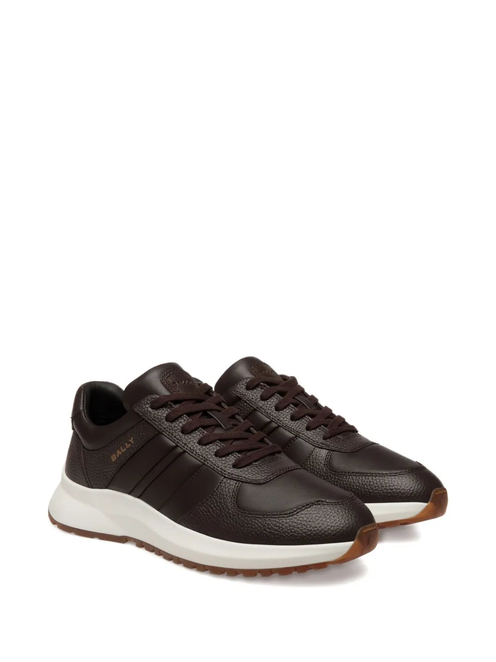 Brown leather-look sneakers with dark brown laces and chunky white sole.