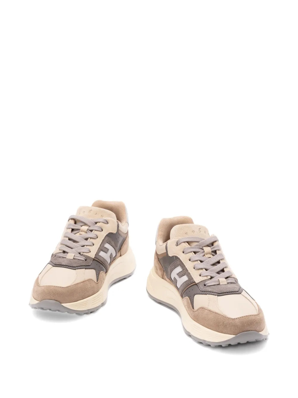 Beige lace-up sneakers with contrast gray overlays and cream midsole