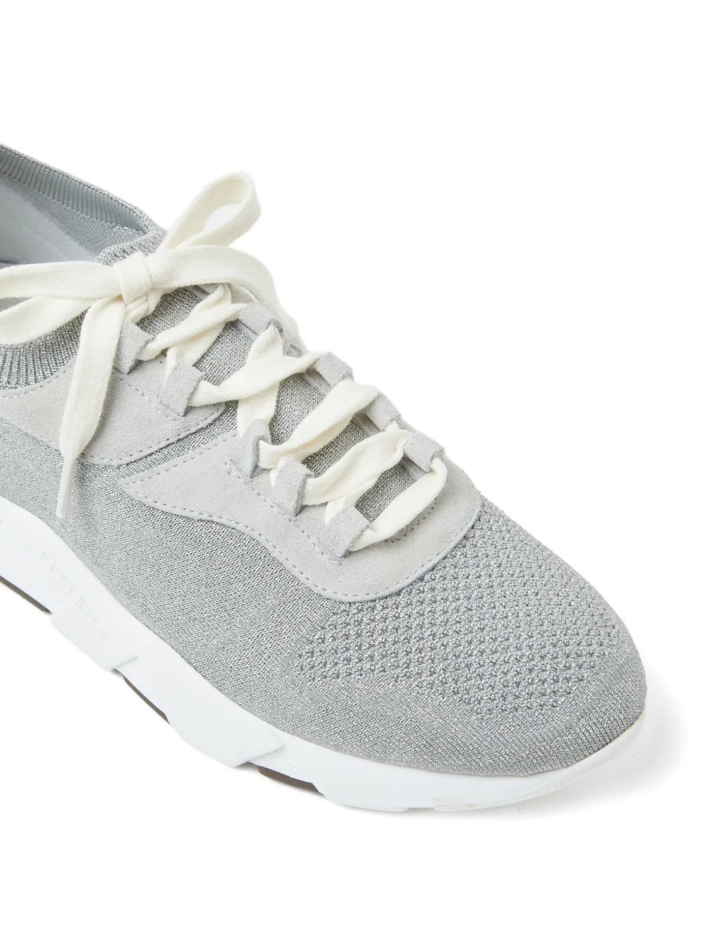 Grey glitter-knit sneaker upper with lace-up closure, textured knit, and white sole