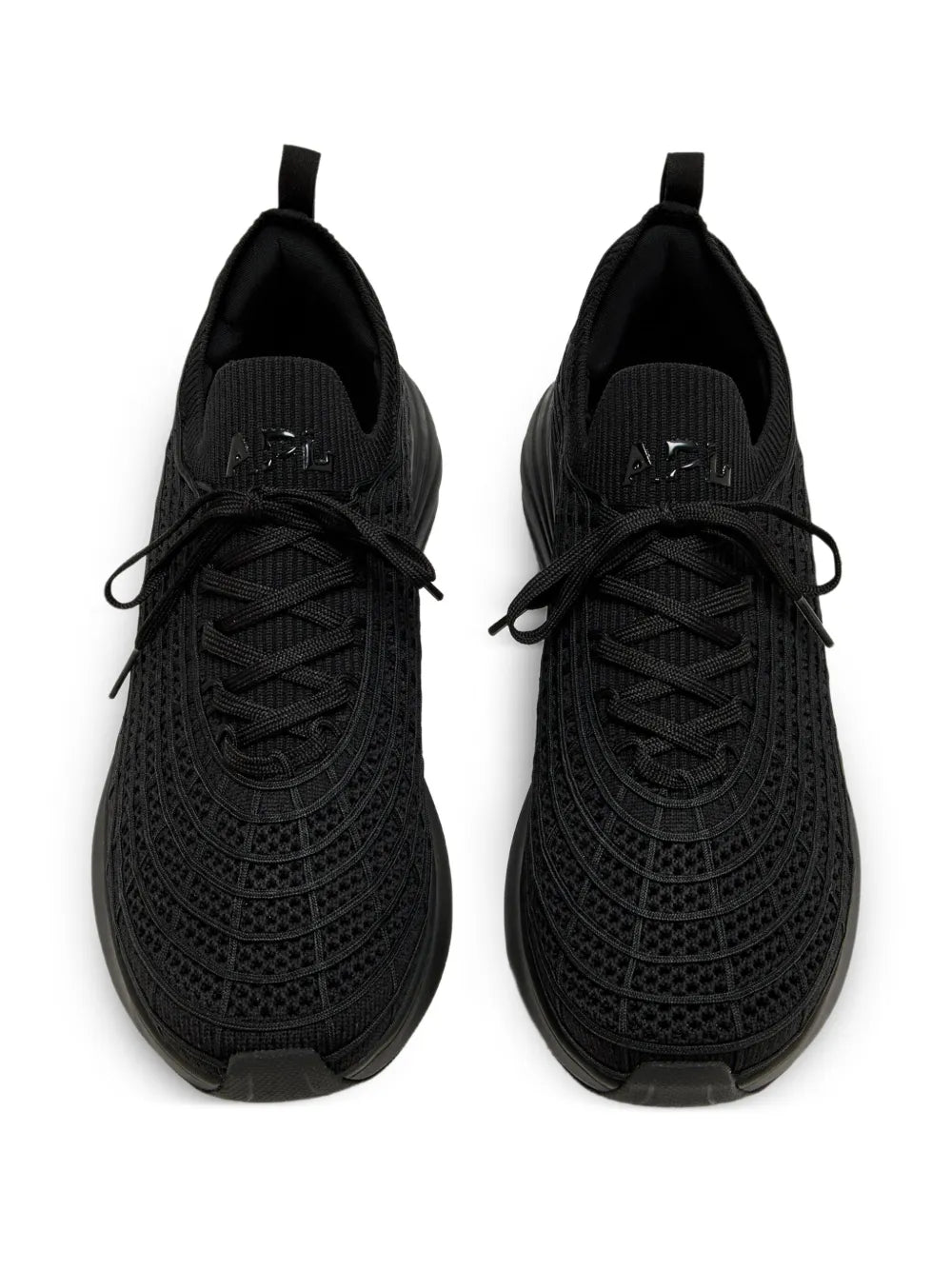 Black knit sneakers with lace-up front and cushioned padded collar