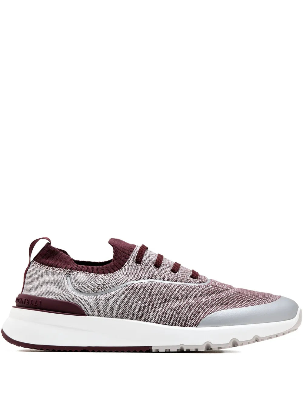 Brunello Cucinelli knitted sneakers in heather gray with burgundy trim and sole