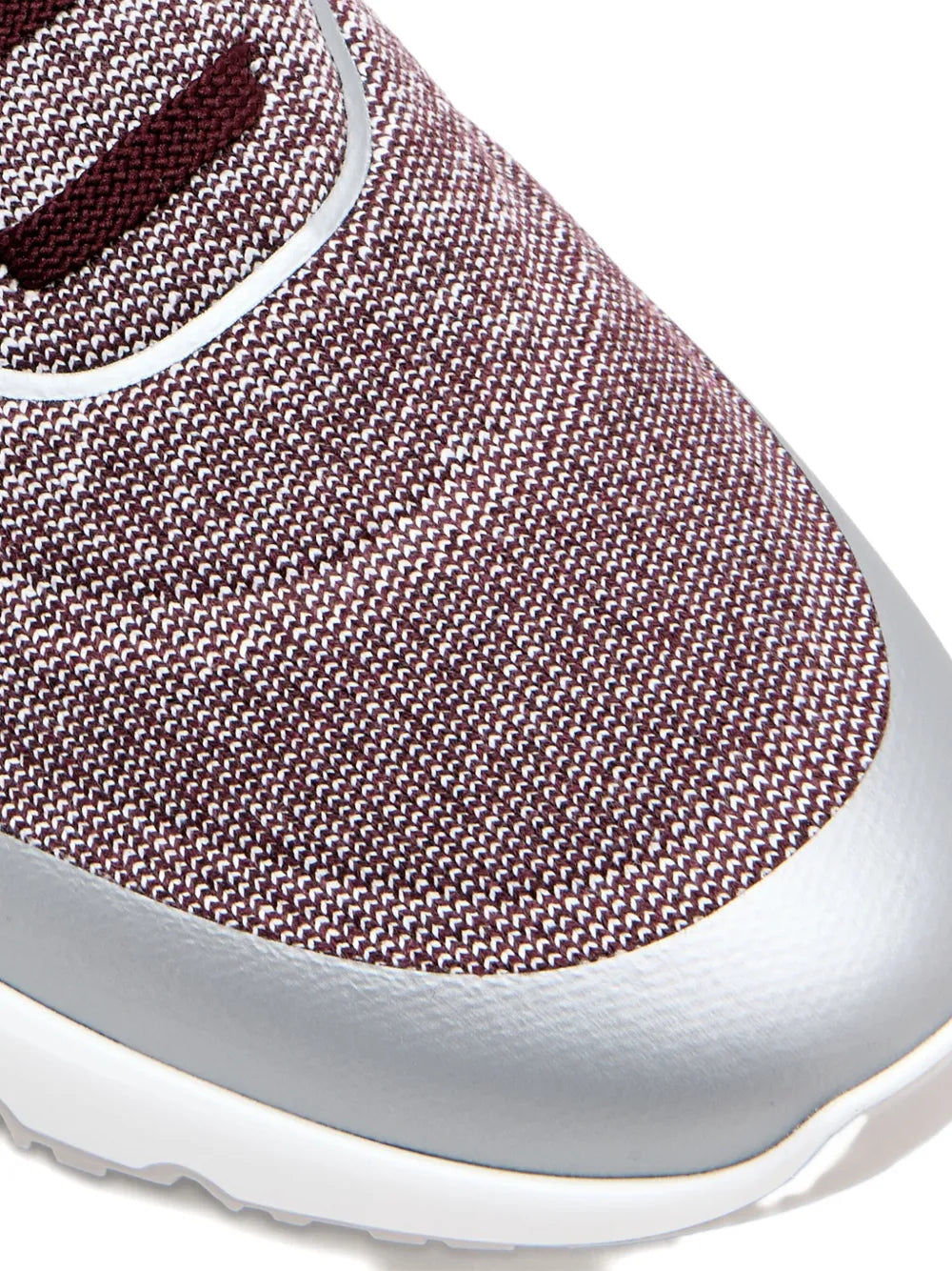 Brunello Cucinelli knitted sneaker upper with burgundy collar trim, heather gray texture