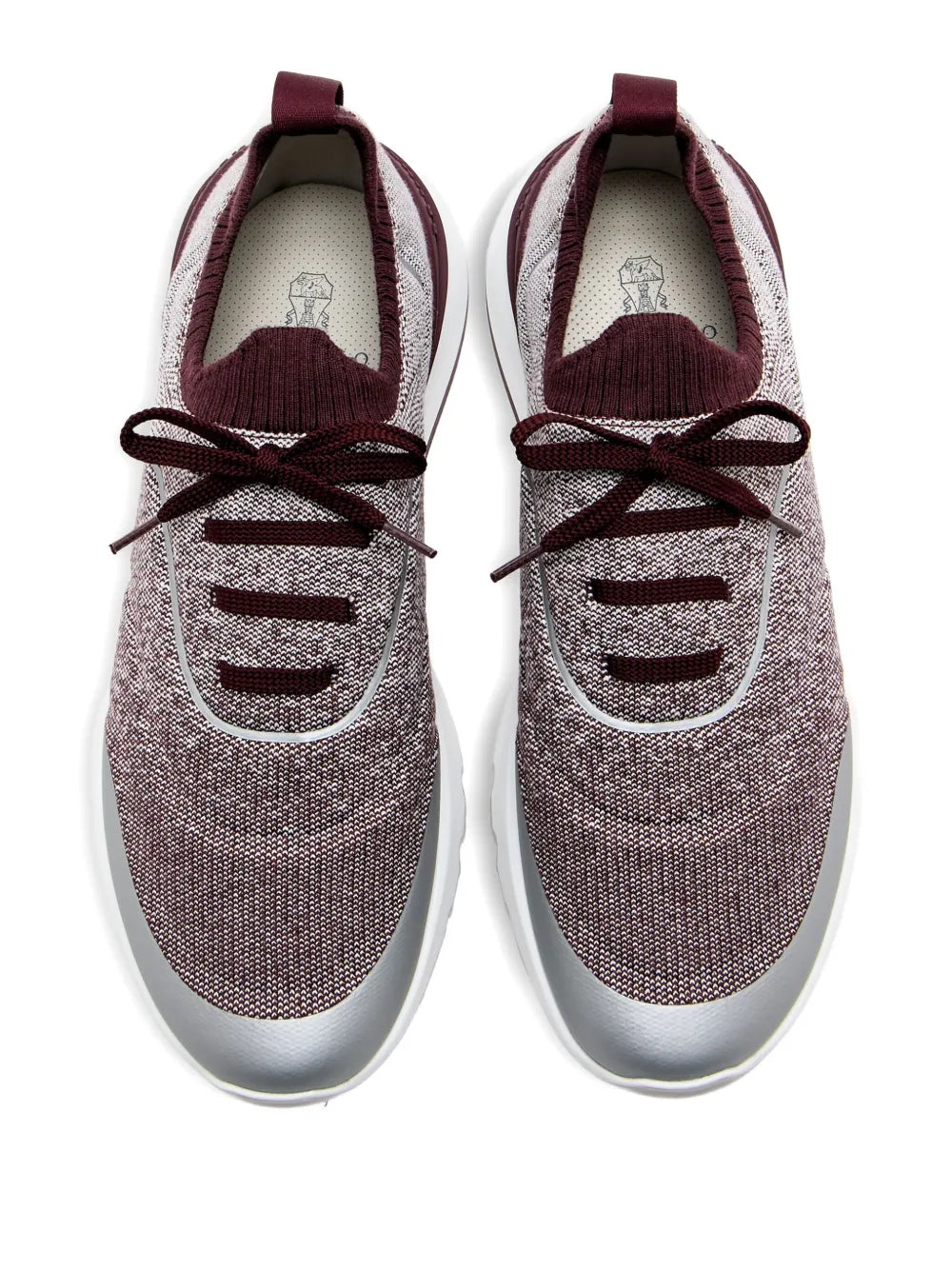 Brunello Cucinelli lace-up knitted sneakers with burgundy collar and heather gray uppers