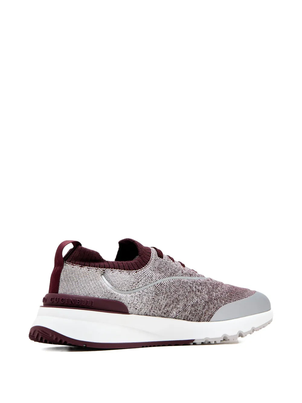 Brunello Cucinelli knitted sneakers side view, heather gray knit with burgundy heel trim