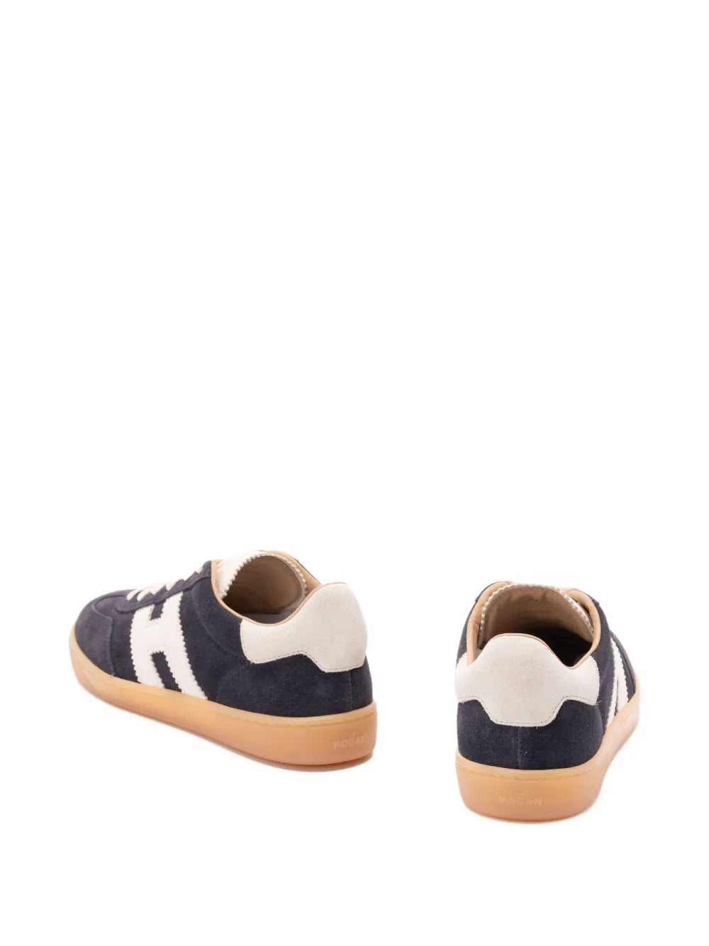 Blue suede leather trainers with white logo stripes and tan gum sole, lace-up