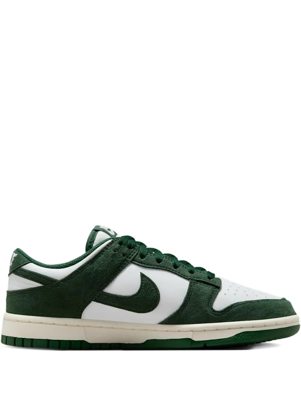 Nike low-top sneakers in white and dark green with green swoosh, laces, and rubber sole