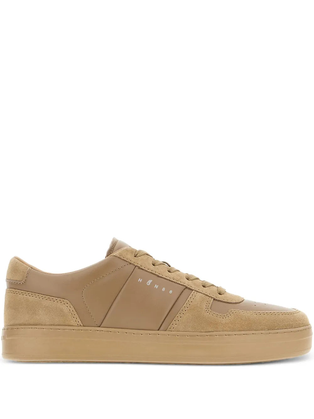 Khaki panelled low-top lace-up sneakers with side stripe panels and rubber sole