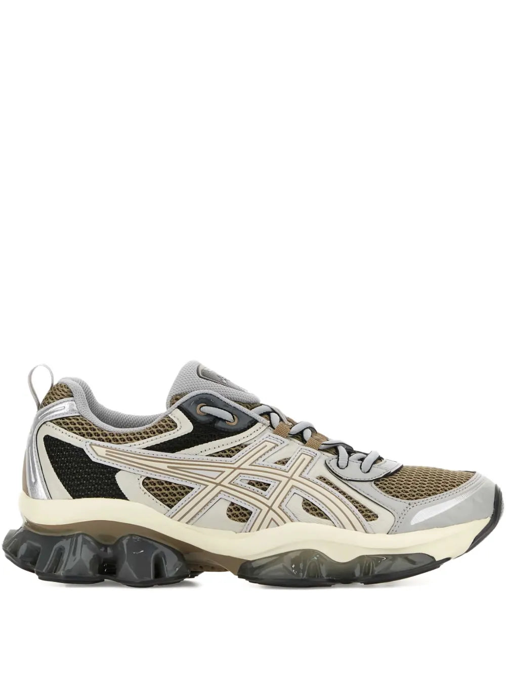 Beige and gray low-top lace-up sneakers with black accents and chunky rubber sole