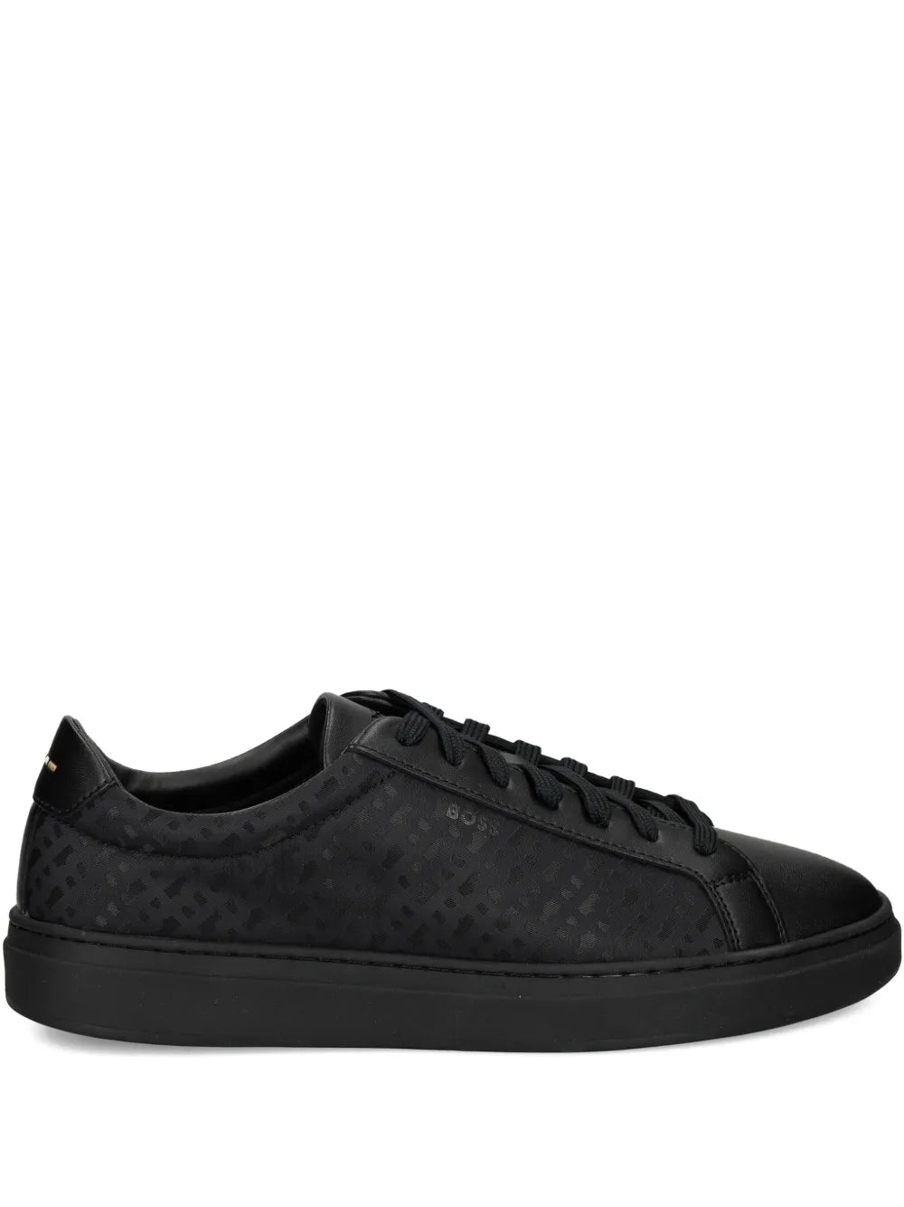 Black patterned leather sneakers, lace-up style with low-profile rubber sole