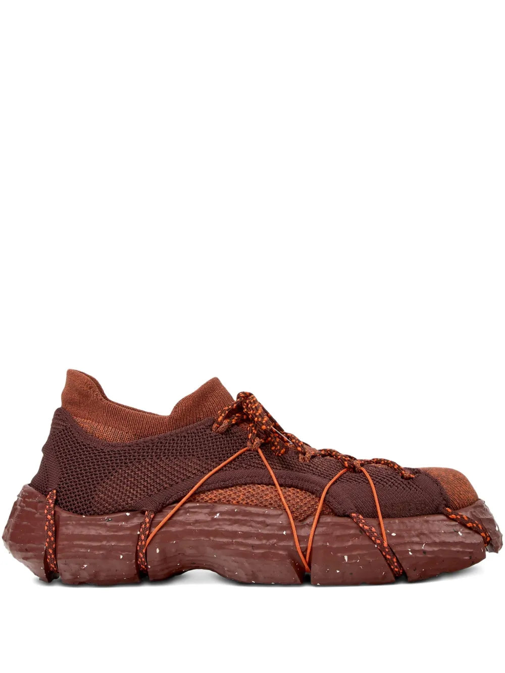 Brown lace-up chunky sneaker with mesh-knit upper and ridged rubber sole
