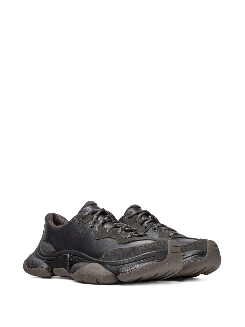 Black leather lace-up sneaker in a low profile, chunky outsole design