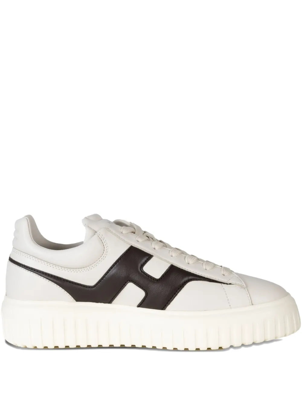 Off-white leather sneakers with black H-stripe, lace-up